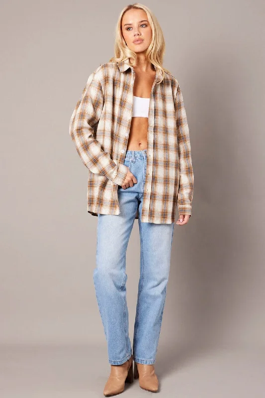 Beige Check Relaxed Shirt Long Sleeve