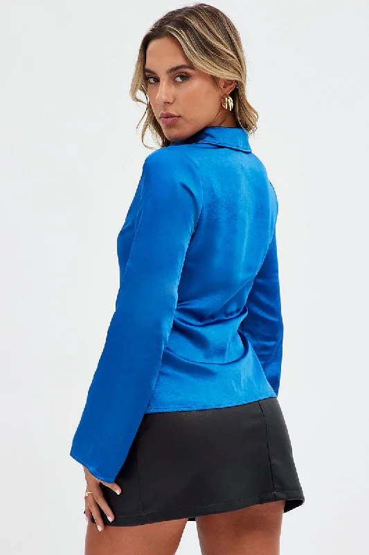 Blue Shirt Long Sleeve Collared Hook & Eye Satin Crepe