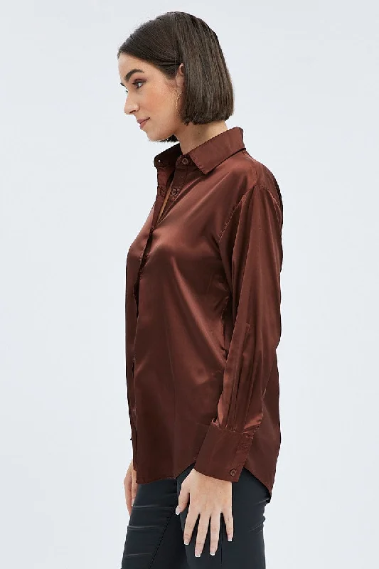 Brown Satin Shirt Long Sleeve Collared Neck