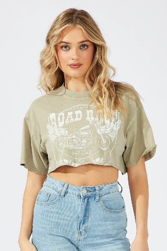 Green Graphic Tee Short Sleeve Crop Round Neck