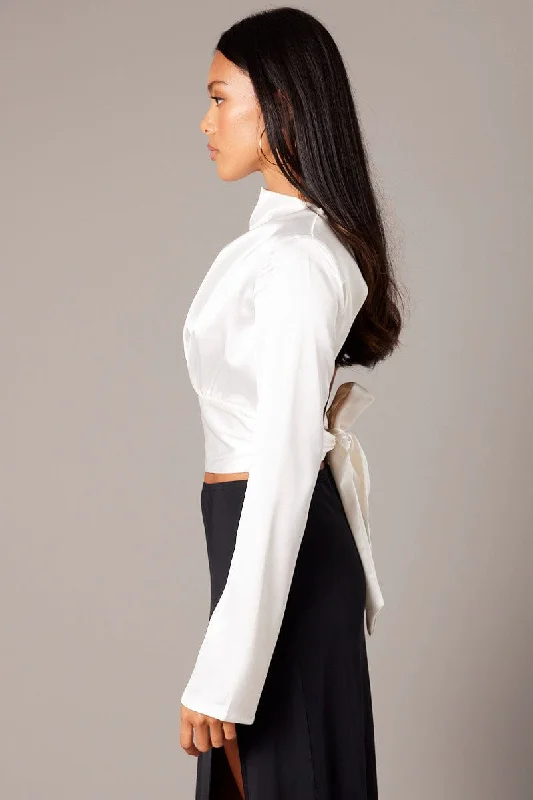 White Backless Top Flared Sleeve High Neck Blouse