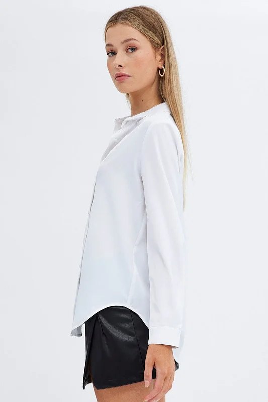 White Shirt Long Sleeve Collared Longline Matte Satin