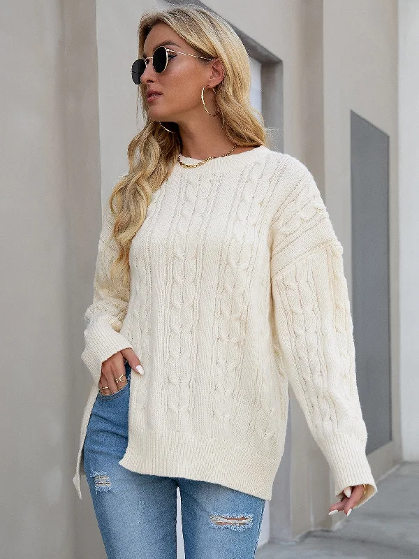 MegaBetty - Split Hem Cable Pullover Sweater