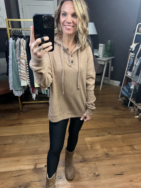 Feeling Good Waffle Henley Hoodie - Mocha