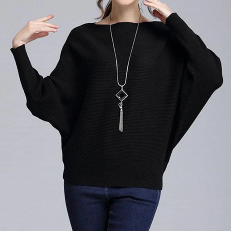 Knitted Cocoon Batwing Plain Shirts & Tops