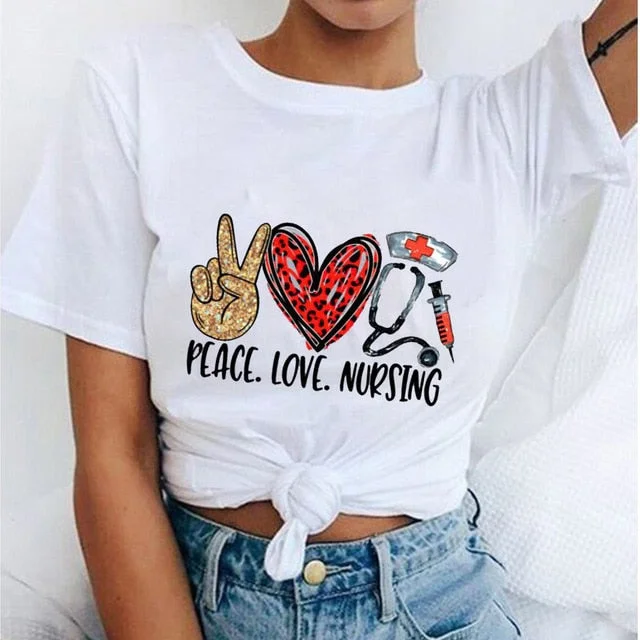 Peace Love Nursing T-shirt Harajuku Kawaii Funny Tshirt Women Ullzang T-shirt Graphic Fashion Tshirt Korean Style Top Tee Female