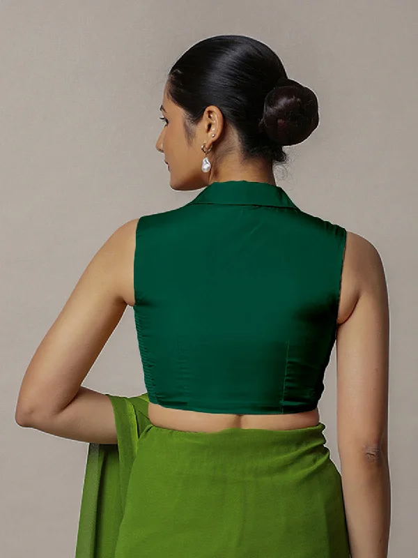 Avni x Rozaana | Bottle Green Sleeveless FlexiFit™ Saree Blouse with Elegant Shawl Collar