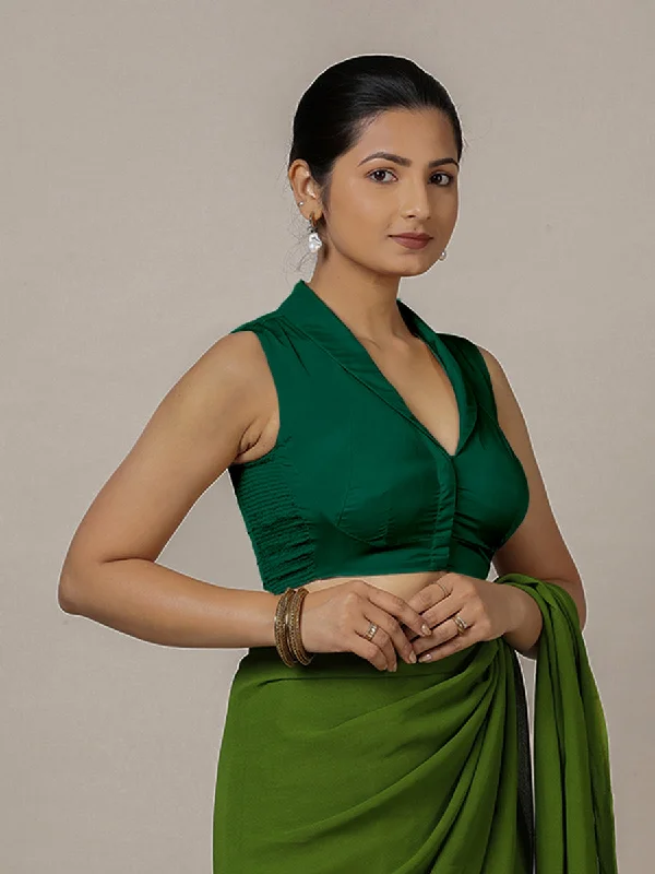 Avni x Rozaana | Bottle Green Sleeveless FlexiFit™ Saree Blouse with Elegant Shawl Collar