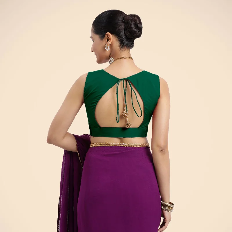 Nazia x Rozaana | Bottle Green Sleeveless FlexiFit™ Saree Blouse with Front Open Curved V Neckline with Deep Back and Dori