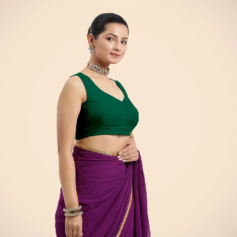 Nazia x Rozaana | Bottle Green Sleeveless FlexiFit™ Saree Blouse with Front Open Curved V Neckline with Deep Back and Dori