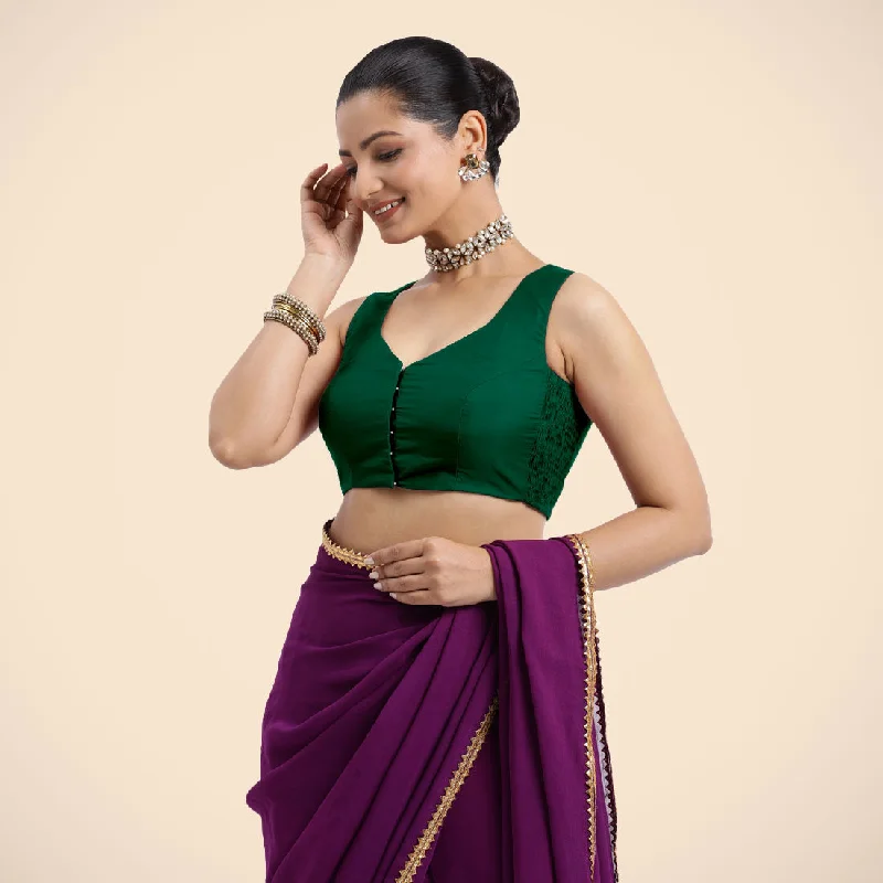 Nazia x Rozaana | Bottle Green Sleeveless FlexiFit™ Saree Blouse with Front Open Curved V Neckline with Deep Back and Dori