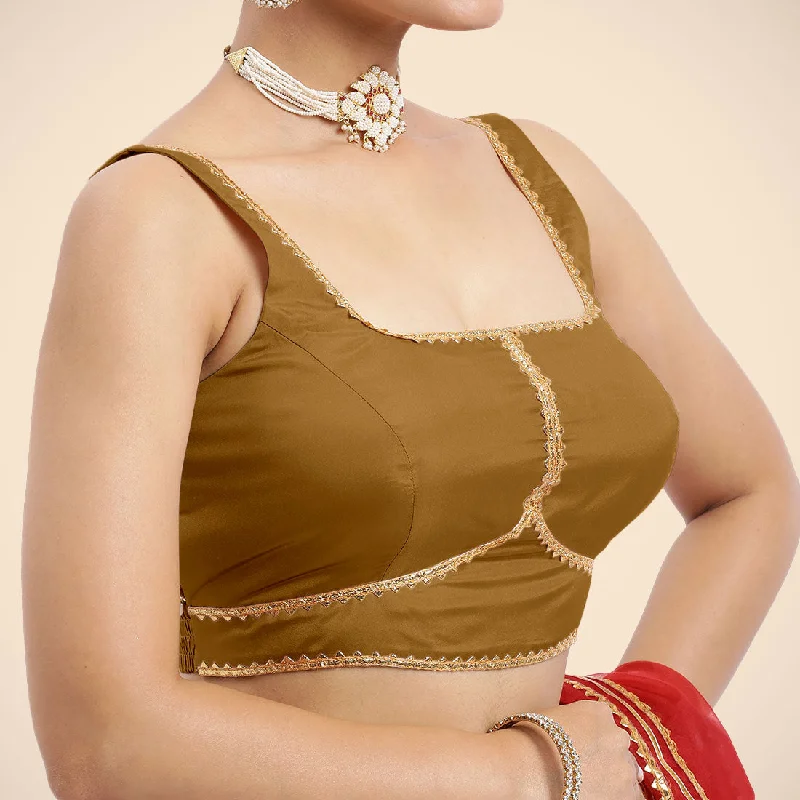 Arya x Tyohaar | Bronze Gold Sleeveless FlexiFit™ Saree Blouse with Square Neck and Back Window Embeliished with Golden Gota and Pearl Lace