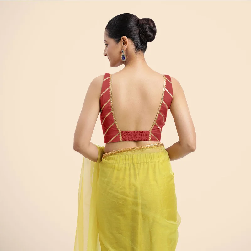 Zeba x Tyohaar | Crimson Red Sleeveless FlexiFit™ Saree Blouse with Square Neck with Golden Gota Lace and Deep Back