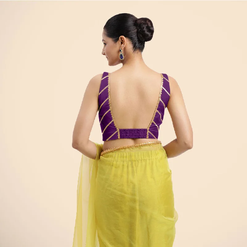 Zeba x Tyohaar | Purple Sleeveless FlexiFit™ Saree Blouse with Square Neck with Golden Gota Lace and Deep Back