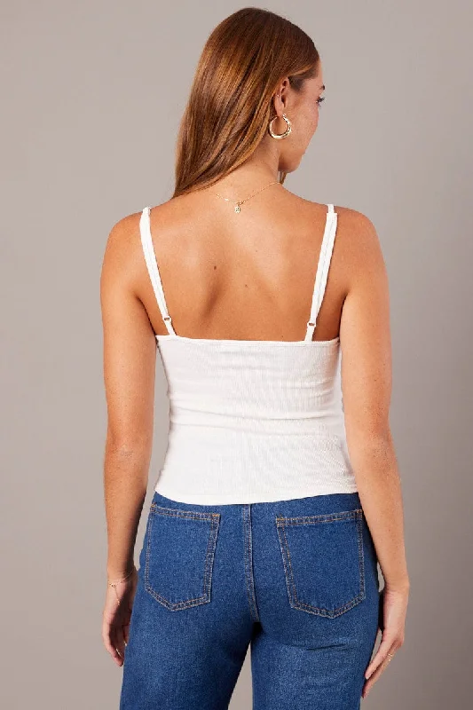 White Singlet Top Sleeveless Scoop Neck Lace Trim