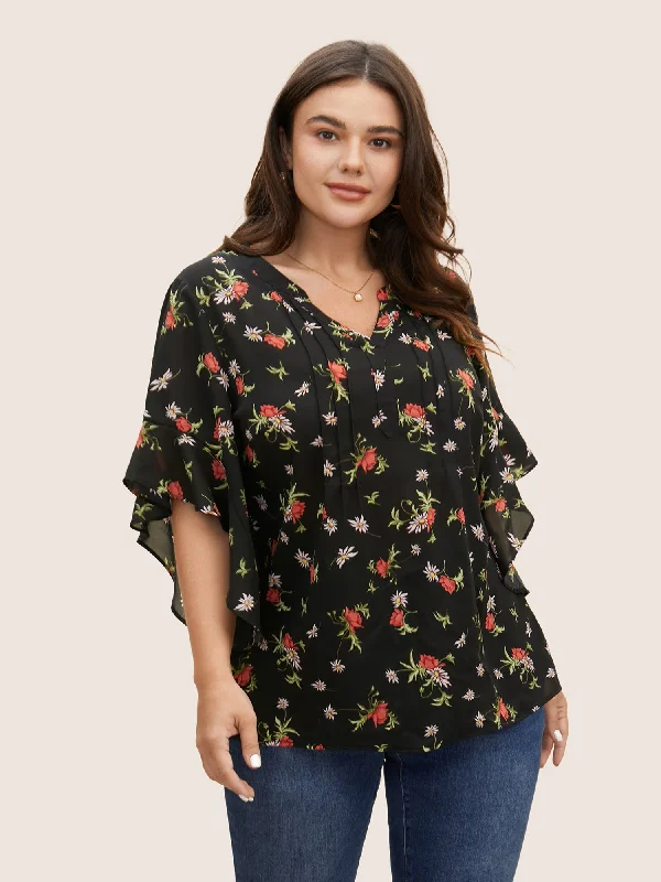 Notched Floral Pleated Ruffle Sleeve Blouse