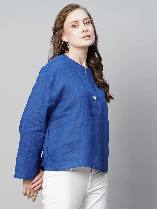 Women's Royalblue Linen Regular Fit Blouse