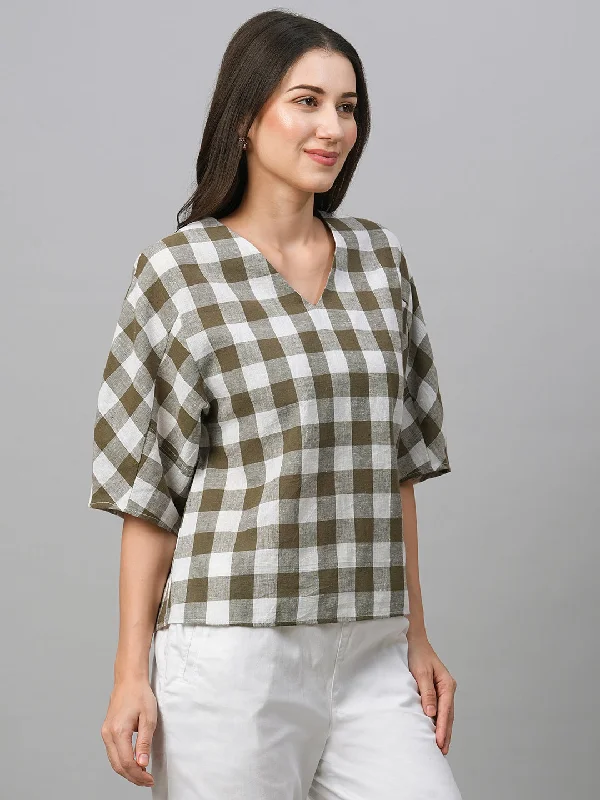 Women's Olive Cotton Linen Regular Fit Blouse