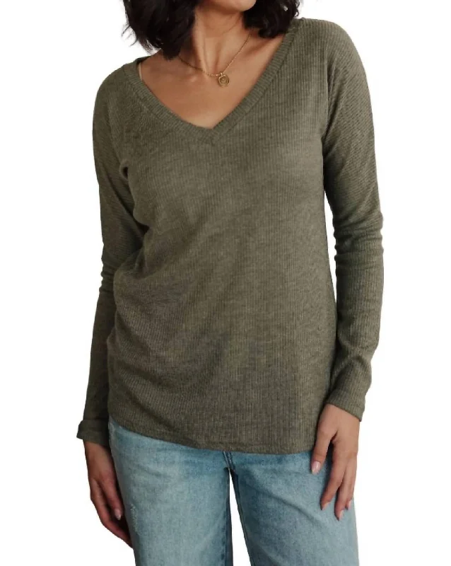 On A Roll Ribbed Knit V Neck Long Sleeve Top In Olive