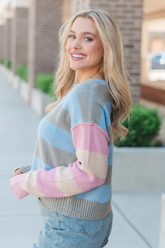 Take Your Time Mauve and Sage Color Block Striped Crop Sweater