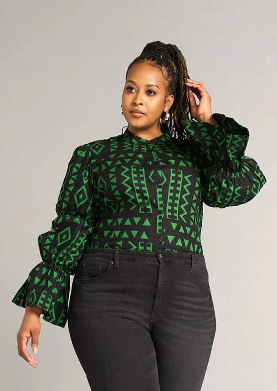 Amari Women's African Print Button-Up Top (Moss Black Geometric)