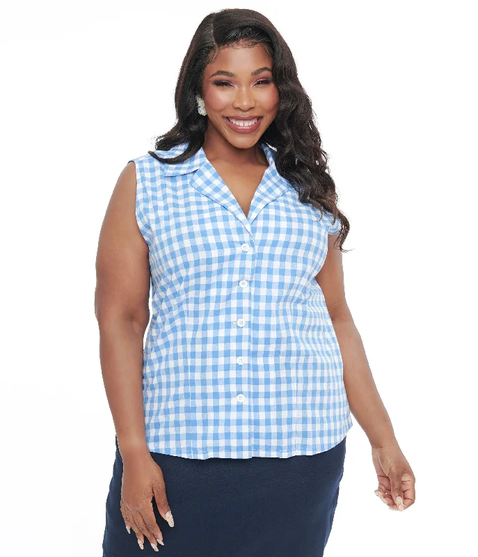 Barbie x Unique Vintage Plus Size 1950s Blue & White Gingham Commuter Set Collar Blouse