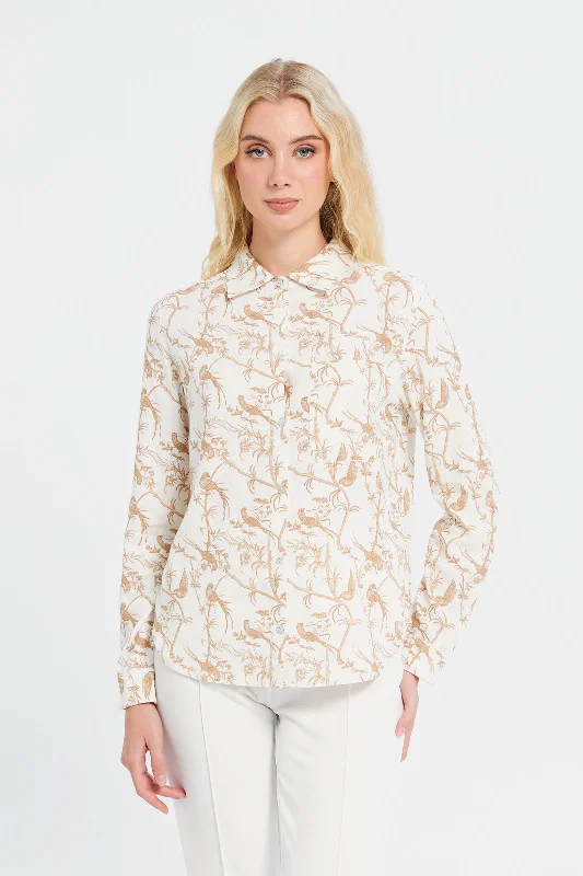 Women Beige Printed Collared Shirt Blouse