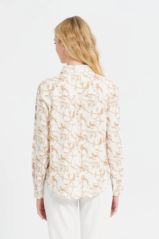 Women Beige Printed Collared Shirt Blouse