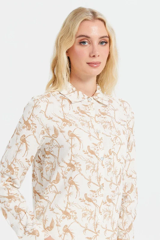 Women Beige Printed Collared Shirt Blouse