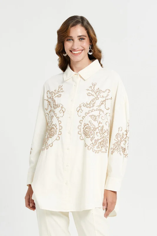 Women Beige Collared Blouse With Embroidered Cross Stitch