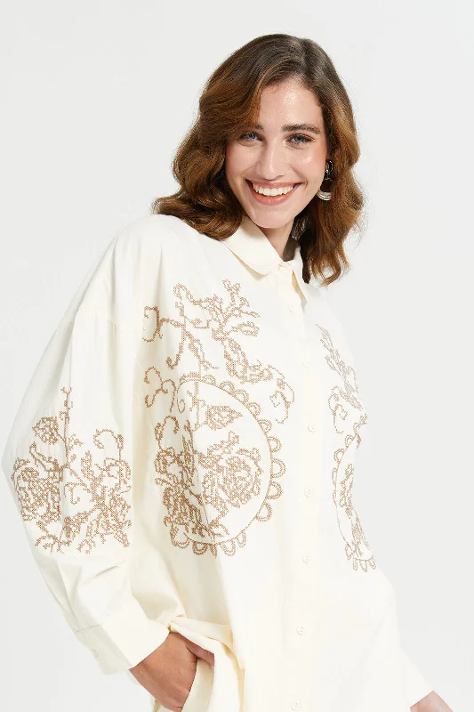 Women Beige Collared Blouse With Embroidered Cross Stitch