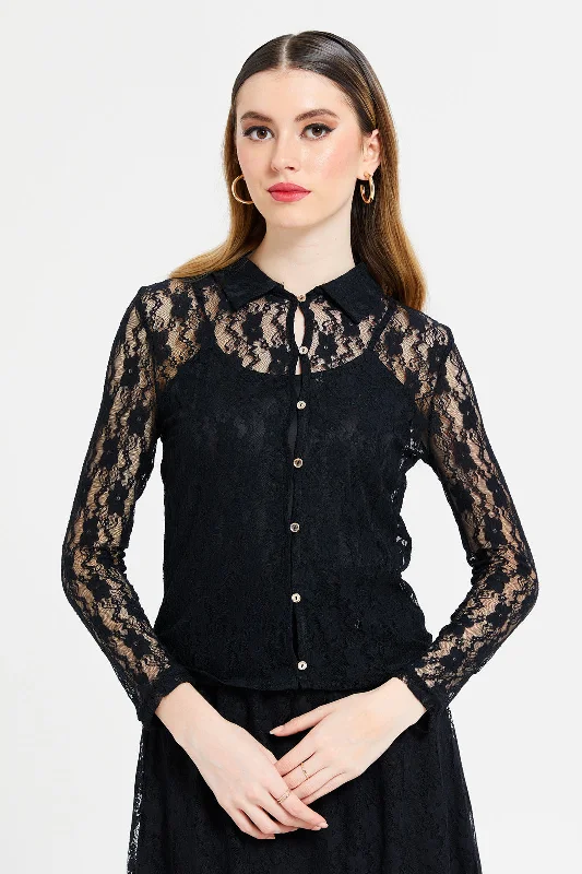 Women Black Lace Blouse