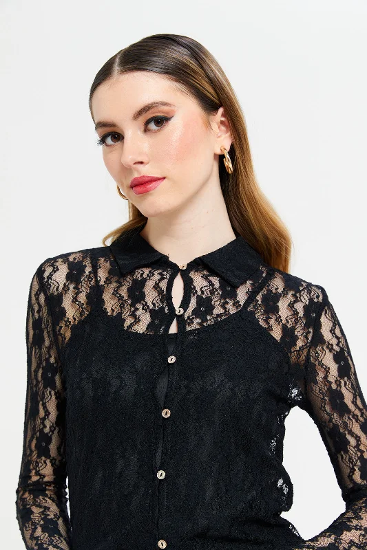 Women Black Lace Blouse