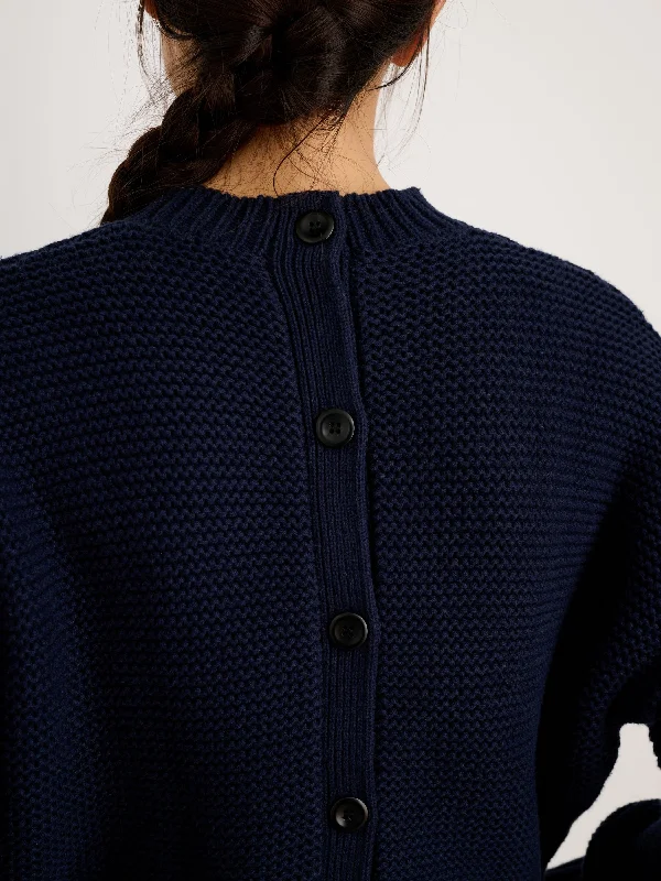 Button-Back Crewneck Sweater