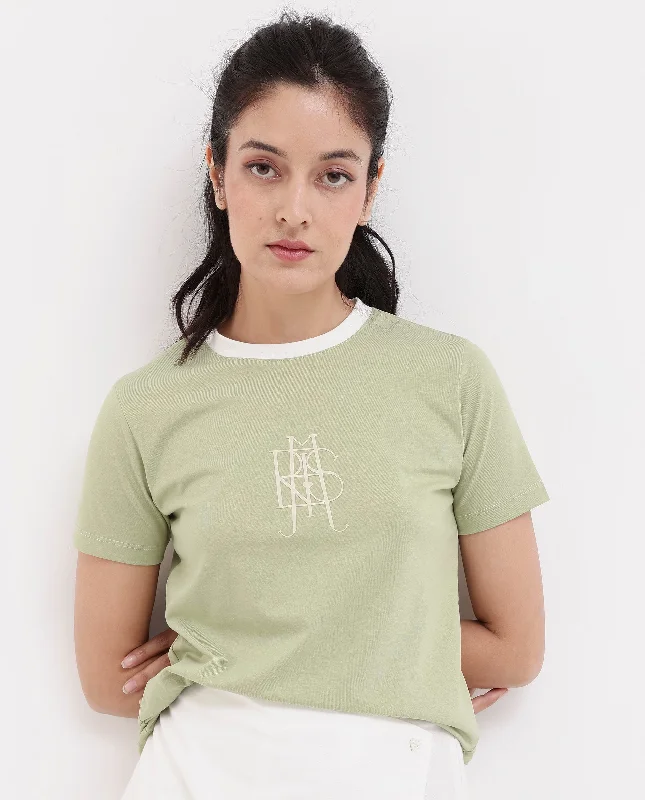 Rareism Women'S Cosme Light Green Cotton Poly Fabric Short Sleeve Crew Neck Solid T-Shirt