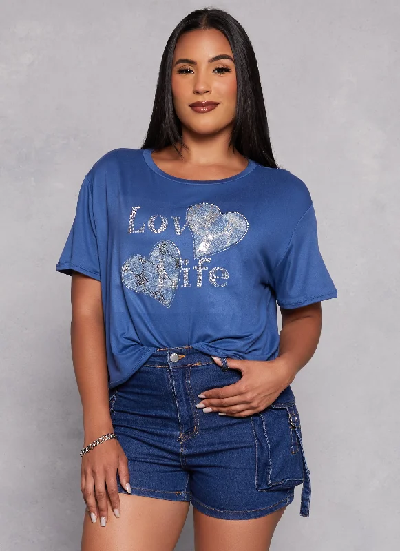 Love Life Patch Rhinestone Graphic Tee