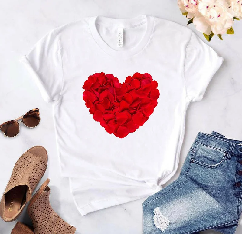 Heart flower print ladies T-shirt ladies casual basis O-collar white shirt short sleeve ladies T-shirt love graphic printing