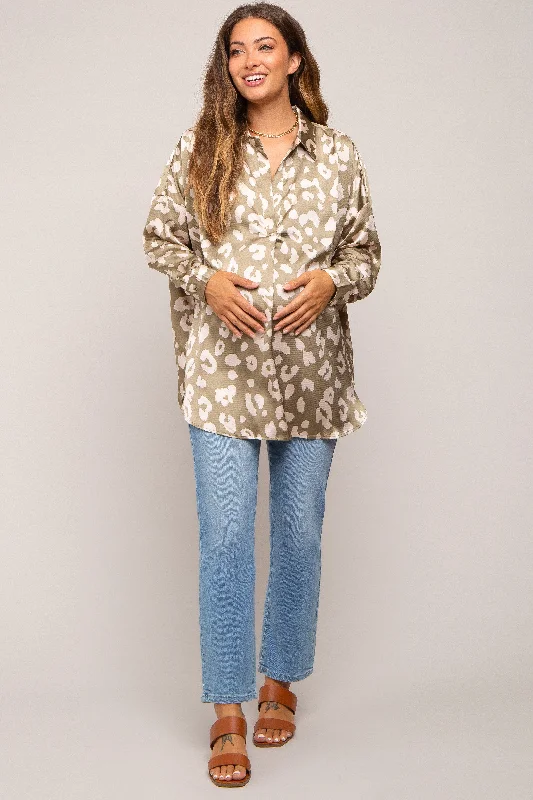 Light Olive Animal Print Long Sleeve Maternity Blouse