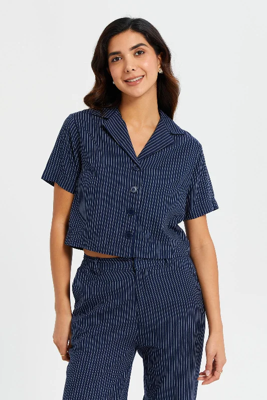 Women Navy Striped Cropped Blouse