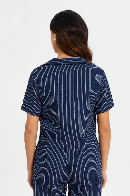 Women Navy Striped Cropped Blouse