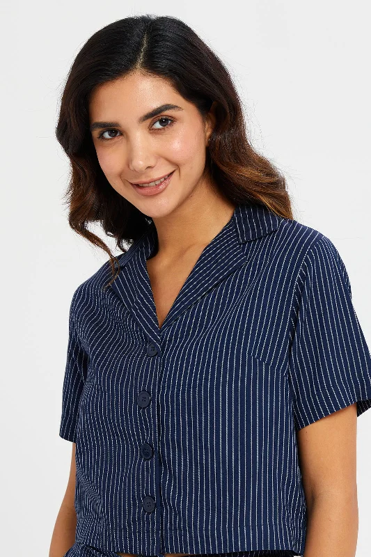 Women Navy Striped Cropped Blouse