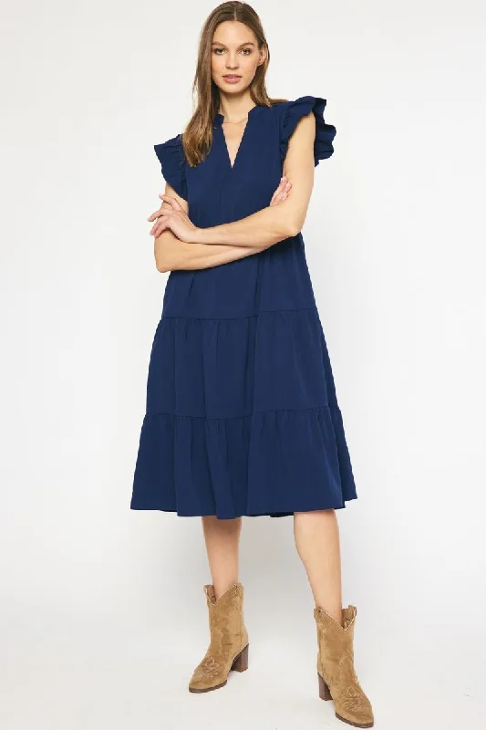 Navy V-Neck Tiered Midi Dress