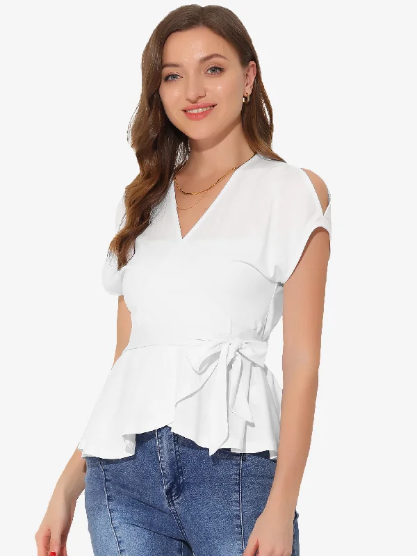 Summer Casual V Neck Slit Sleeve Wrap Peplum Blouse