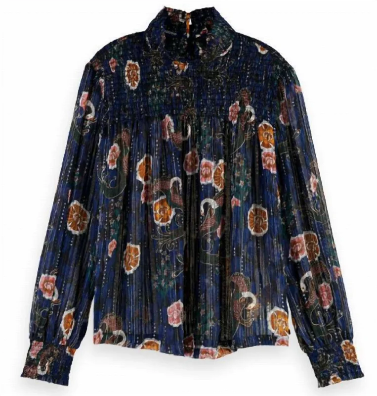 Printed Lurex Smock Blouse In Navy