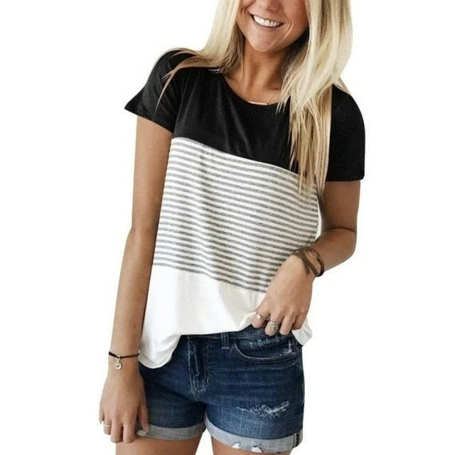 Round Neck Triple Color Block Stripe T-shirt