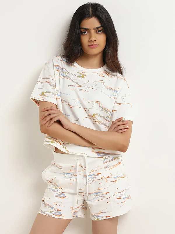 Studiofit White Abstract Printed Cotton T-Shirt