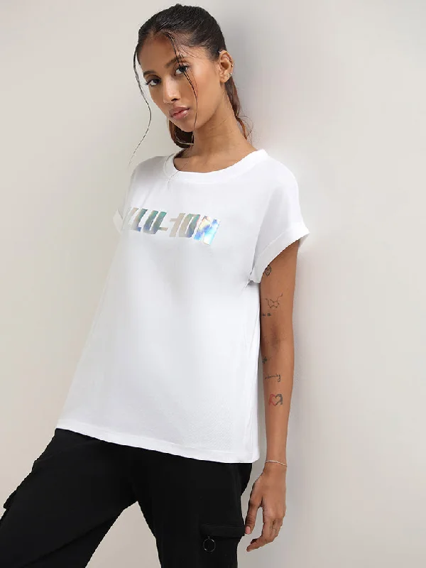 Studiofit White Contrast Print Cotton T-Shirt