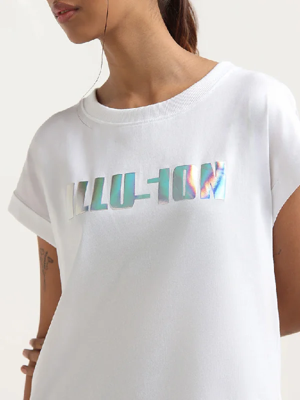 Studiofit White Contrast Print Cotton T-Shirt