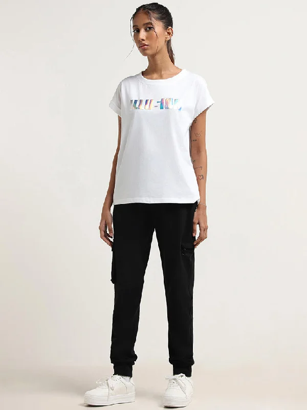 Studiofit White Contrast Print Cotton T-Shirt