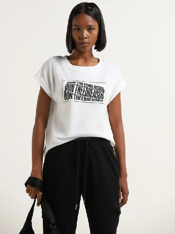 Studiofit White Text Printed Cotton T-Shirt